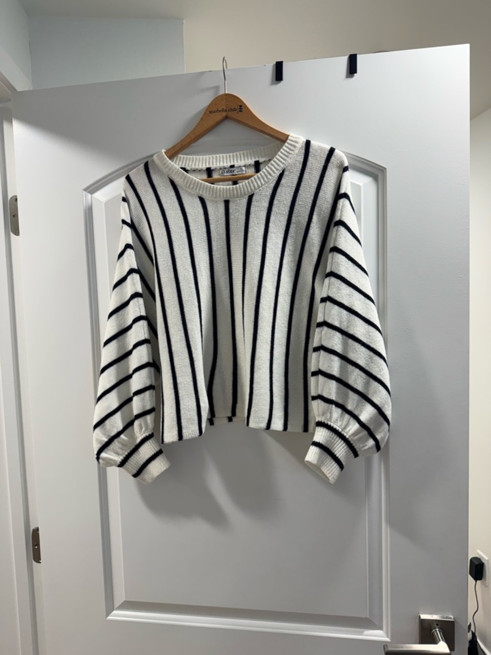Striped Crewneck Women's Sweater - White with Black Stripes